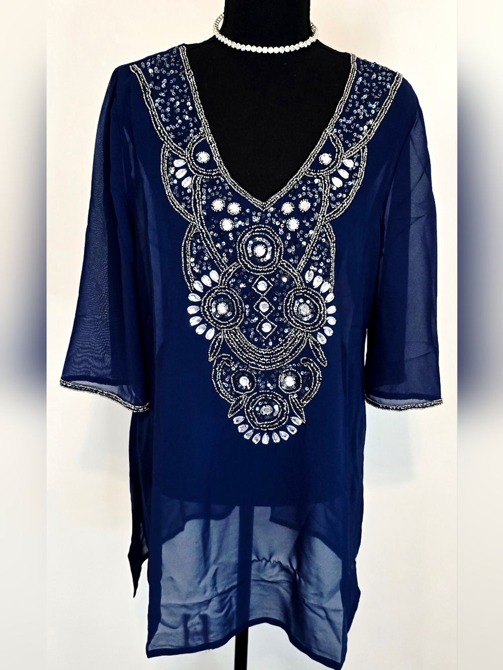 Midnight Velvet Beaded Tunic Top Navy Blue Sheer Embellished Boho Festival Sz M